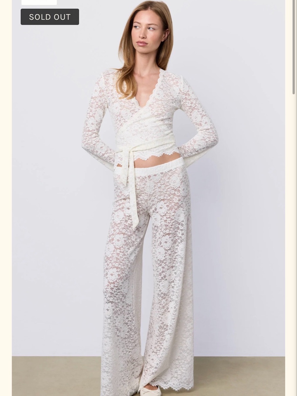 Ivory Lace Wrap Top and Wide-Leg Pajama Set - Women